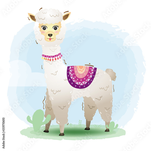 cute little alpaca with accessories in the children's style. cute cartoon little alpaca vector illustration