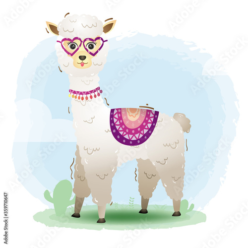 cute little alpaca with accessories in the children's style. cute cartoon little alpaca vector illustration
