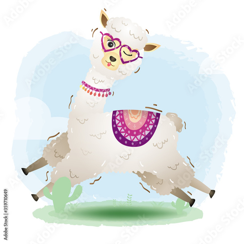 cute little alpaca with accessories in the children's style. cute cartoon little alpaca vector illustration