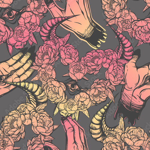 Vector illustration. demonic hands with eyes, wreath of peonies flowers, mysticism. Handmade, prints on T-shirts. seamless pattern, grey background. pink yellow color