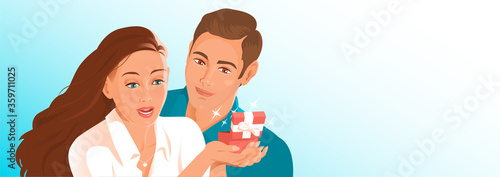 The young man gave the girl a present. In the opened box is something precious. This is a pleasant surprise for her. Vector illustration banner with place for text.