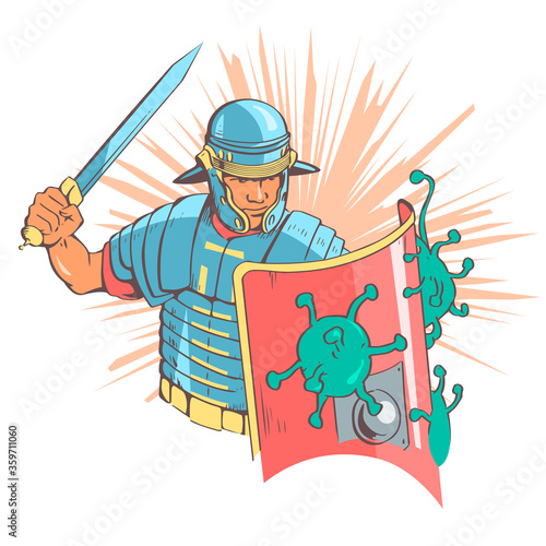 Roman legionnaire in armor fights against coronavirus. In the hands of a sword. Viruses crawl on the shield. Vector isolated illustration.
