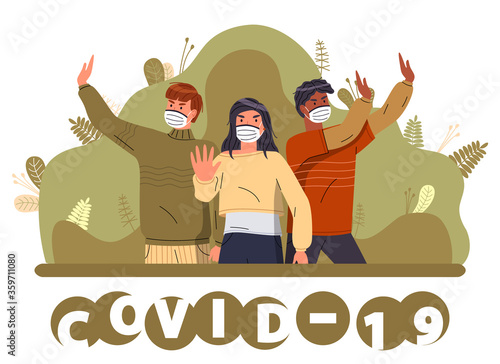 Group of multinational men and woman in medical masks protesting against world epidemy at background of green nature. Concept of coronavirus spreading. Banner with cartoon characters in flat style