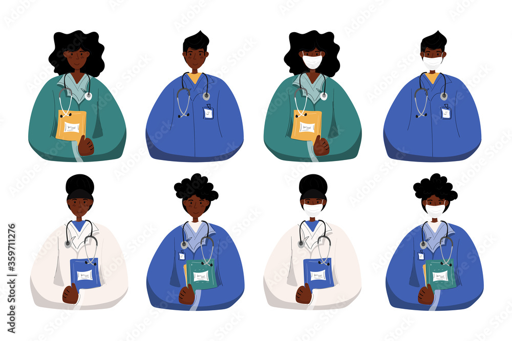 Set of cartoon african american man and woman doctor wear protective mask and without mask, clinic employee isolated on white background. Medical staff in uniform. Vector illustration. Flat style. Set of cartoon african american man and woman doctor wear protective mask and without mask, clinic employee isolated on white background. Medical staff in uniform. Vector illustration. Flat style.