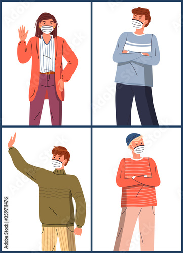 Set of illustrations with vector cartoon characters protesting against coronavirus. Concept of world epidemic of covid 19. Woman and men wearing medical masks gesturing stop sign of spreading virus