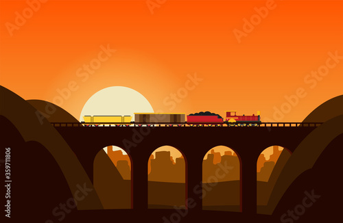 Train on railway. Vector travel concept background.