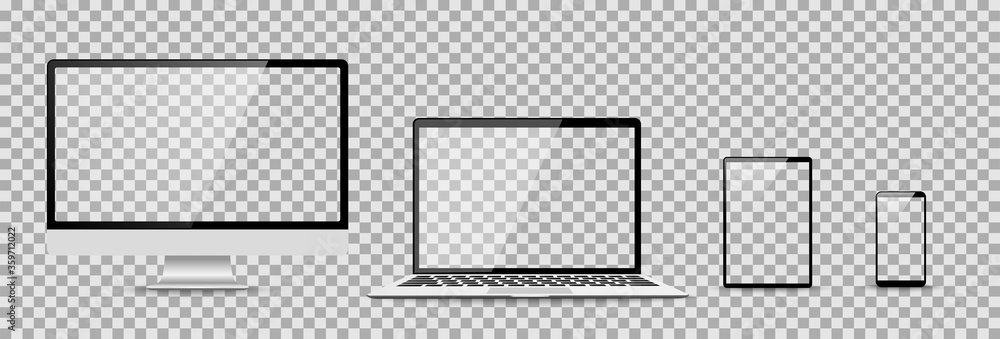 Set of compute, laptop, smartphone with empty screens. Design on transparent background. . Vector illustration