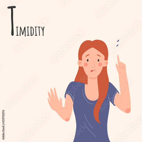 Alphabet Emotions concept. Female character temidity and shamed. Letter T - Timidity. Vector cartoon illustration