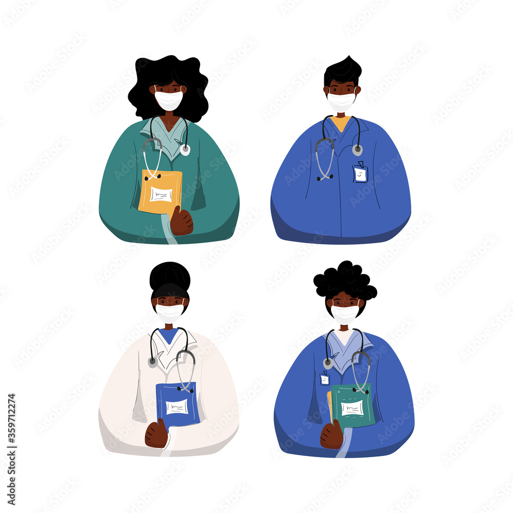 Cute cartoon african american man and woman doctor wear protective mask , nurse clinic employee, standing isolated on white background. Medical staff in uniform. Vector stock illustration. Flat style. Cute cartoon african american man and woman doctor wear protective mask , nurse clinic employee, standing isolated on white background. Medical staff in uniform. Vector stock illustration. Flat style.