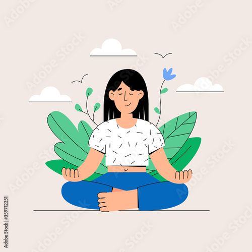 Girl meditates. Relax. Harmony with nature. Mental health concept. Meditation. Healthcare. Inner harmony with yourself. Take time for your self. Vector illustration. Woman meditating