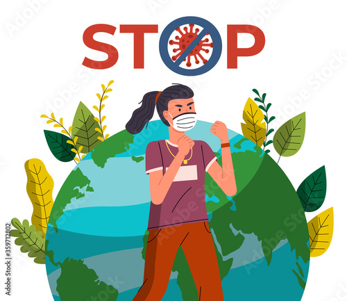 Young girl in face medical mask show fight gesture with spreading virus at earth background. Concept of coronavirus world spreading. Prevention, crossed out sign. Quarantine concept, world pandemic
