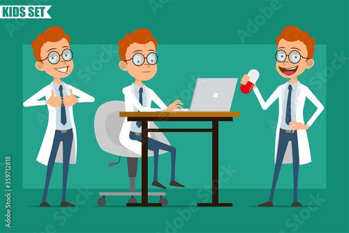 Cartoon flat redhead little doctor or scientist boy character in uniform. Ready for animation. Kid showing thumbs up, working on laptop and holding pill. Isolated on green background. Vector set.