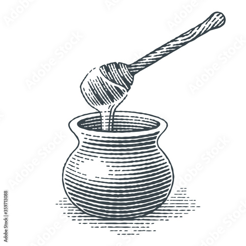 Honey pot. Hand drawn engraving style illustrations.
