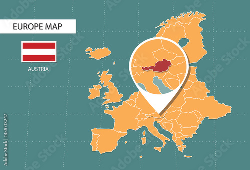 Austria map in Europe zoom version, icons showing Austria location and flags.