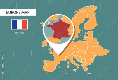 France map in Europe zoom version, icons showing France location and flags.	