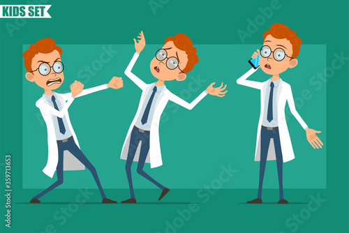 Cartoon flat redhead little doctor or scientist boy character in uniform. Ready for animation. Kid talking on phone, fighting and falling unconscious. Isolated on green background. Vector set.