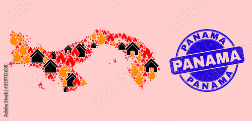 Fire hazard and buildings collage Panama map and Panama unclean stamp imitation. Vector collage Panama map is done with random burning houses.
