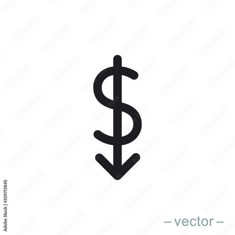Obraz premium Dollar down icon symbol vector on white background. Solid style. EPS 10.