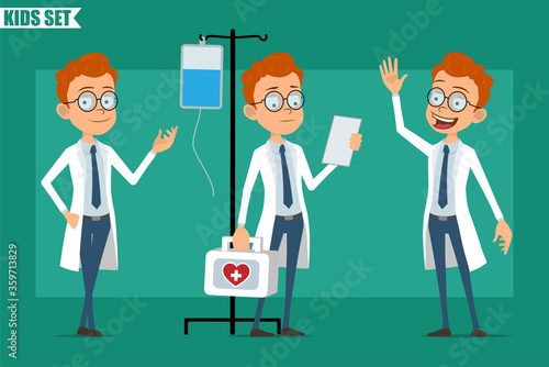 Cartoon flat redhead little doctor or scientist boy character in uniform. Ready for animation. Kid saying Hello, reading note and holding first aid kit. Isolated on green background. Vector set.