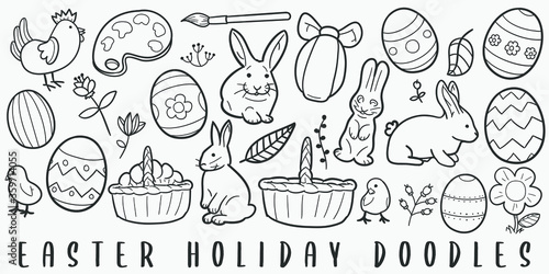 Easter Holidays Doodle Line Art Illustration. Hand Drawn Vector Clip Art. Banner Set Logos.