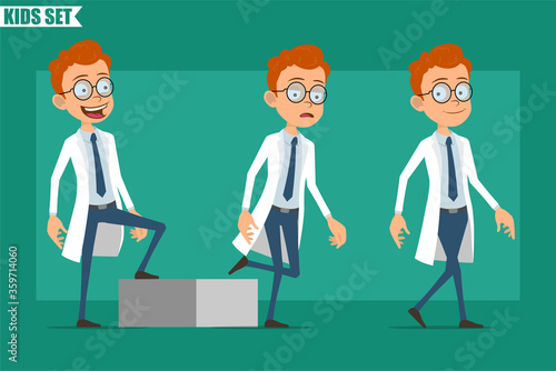Cartoon flat redhead little doctor or scientist boy character in uniform. Ready for animation. Successful tired kid walking up to his goal. Isolated on green background. Vector set.