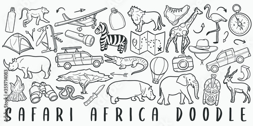 Safari Africa Doodle Line Art Illustration. Hand Drawn Vector Clip Art. Banner Set Logos.