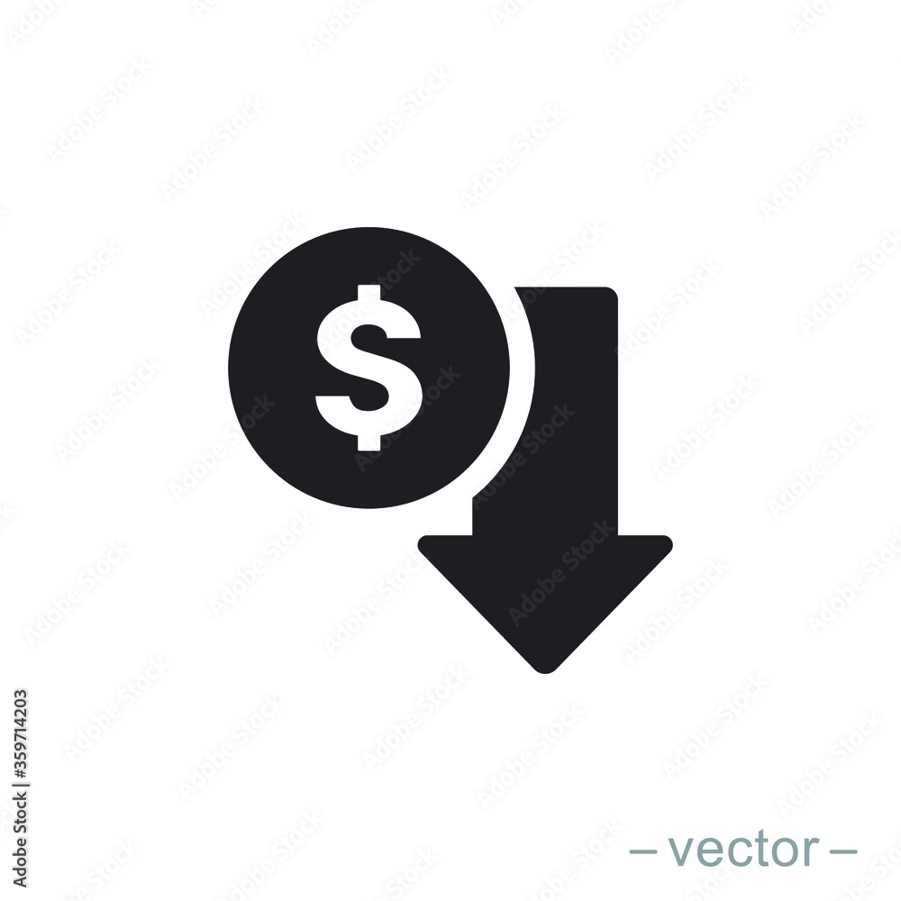 Dollar down icon symbol vector on white background. Solid style. EPS 10. Dollar down icon symbol vector on white background. Solid style. EPS 10.