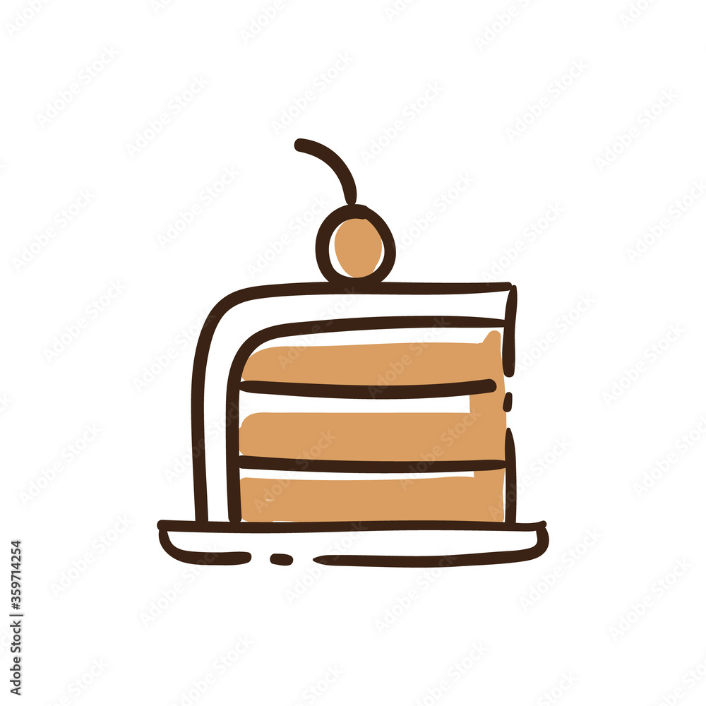 Pie portion doodle icon with cherry on top. Piece of cake hand drawn illustration. Pie portion doodle icon with cherry on top. Piece of cake hand drawn illustration.