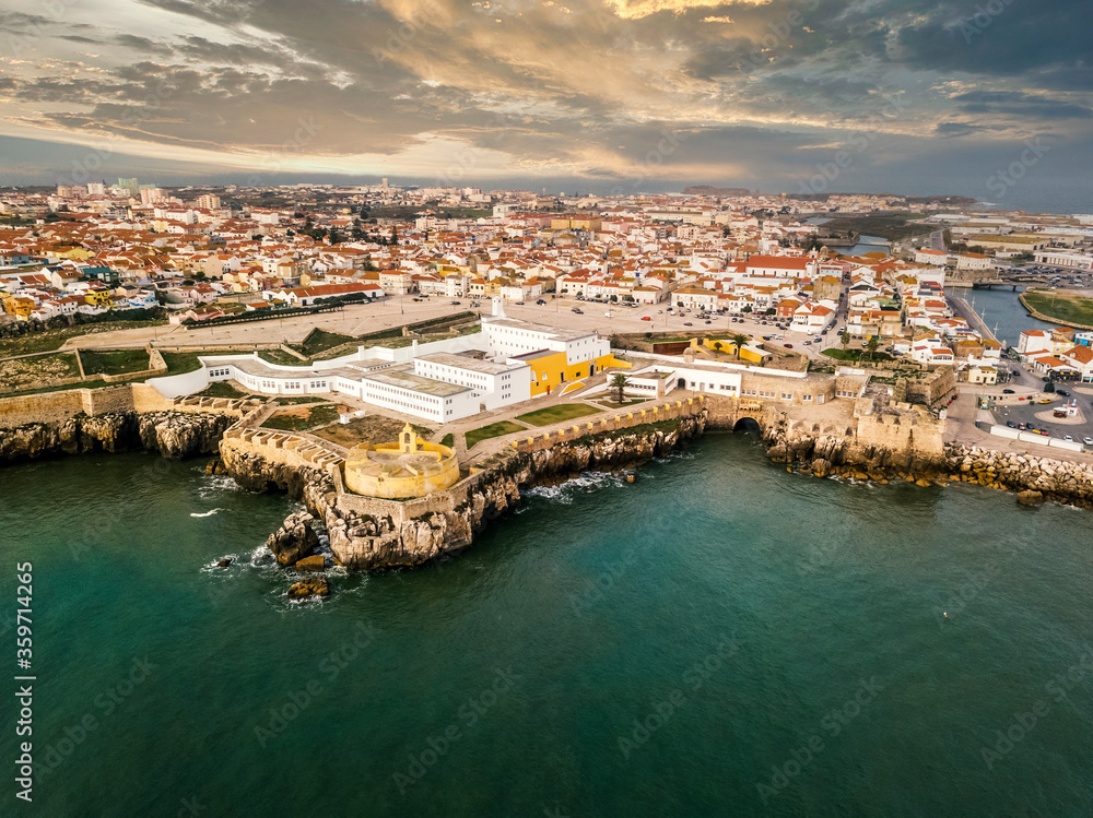 Aerial view of Peniche with the fortress, Portugal
