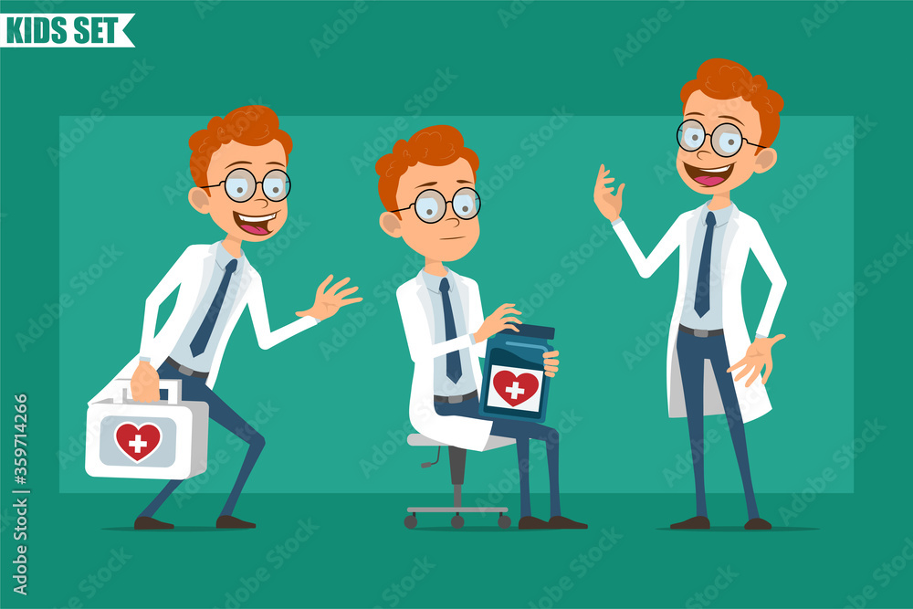 Cartoon flat redhead little doctor or scientist boy character in ...