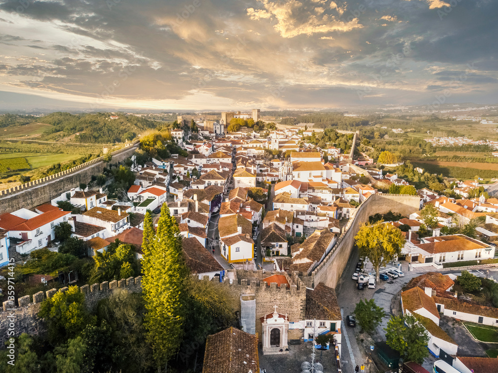 Aerial shoot of Obidos with historic walls and castle, Portugal