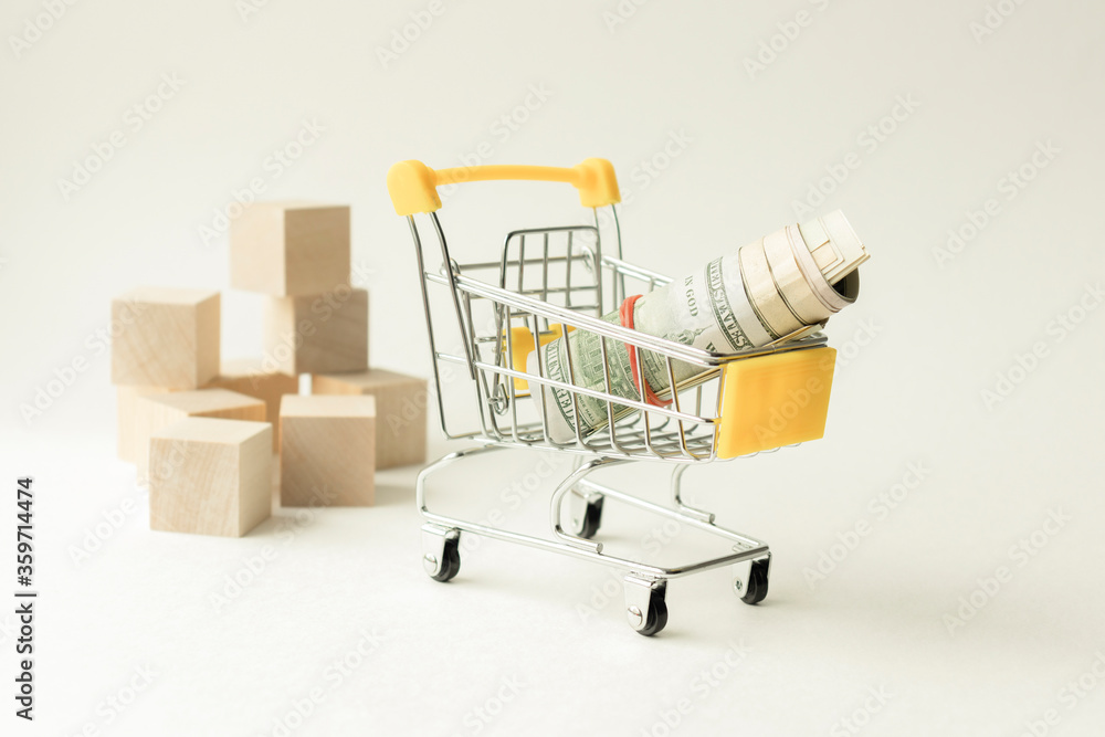 Studio shot fifty-dollar and twenty-dollar bills banknote and tiny shopping cart isolated on white