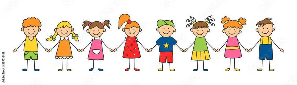 Group of funny kids holding hands. Friendship concept. Happy cute doodle children. Isolated vector illustration in hand drawn style on white background Group of funny kids holding hands. Friendship concept. Happy cute doodle children. Isolated vector illustration in hand drawn style on white background