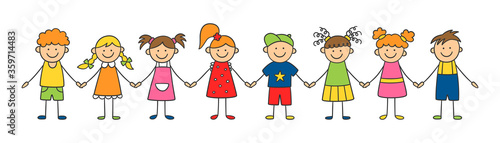 Group of funny kids holding hands. Friendship concept. Happy cute doodle children. Isolated vector illustration in hand drawn style on white background