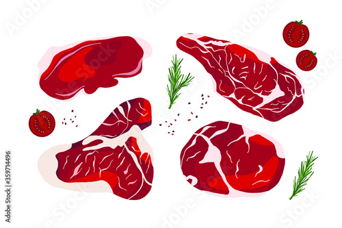 Meat steak. Beef tenderloin. Bbq set. Color vector illustration.