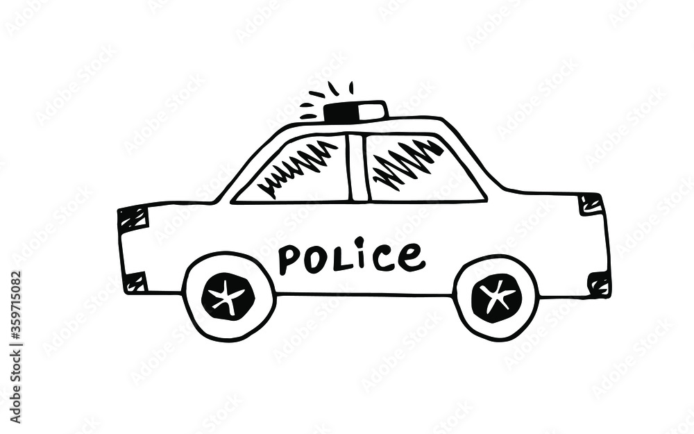 A hand-drawn black and white vector of a police car that can be used for children's illustrations, for signs in the rules of the road, as well as for printing products for boys. A hand-drawn black and white vector of a police car that can be used for children's illustrations, for signs in the rules of the road, as well as for printing products for boys.