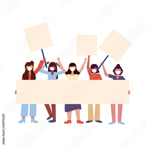Women with medical masks and banners boards vector design