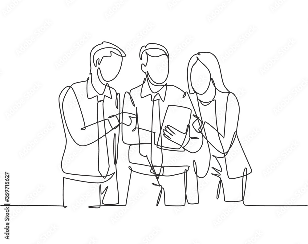 One single line drawing of young happy male and female workers talking about company project together while opening document. Business meeting concept continuous line draw design vector illustration One single line drawing of young happy male and female workers talking about company project together while opening document. Business meeting concept continuous line draw design vector illustration