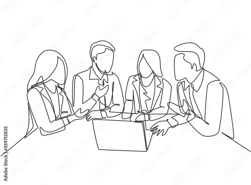 One continuous line drawing of young CEO presenting company business model to female team members at the office. Business meeting concept. Modern single line draw design graphic vector illustration