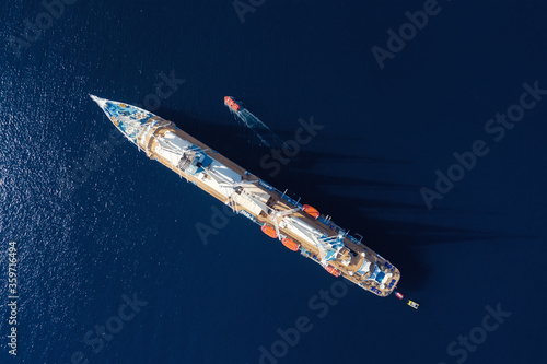 Aerial view at the cruise ship with sail. Adventure and travel. Landscape with cruise liner on Adriatic sea. Luxury cruise. Travel - image