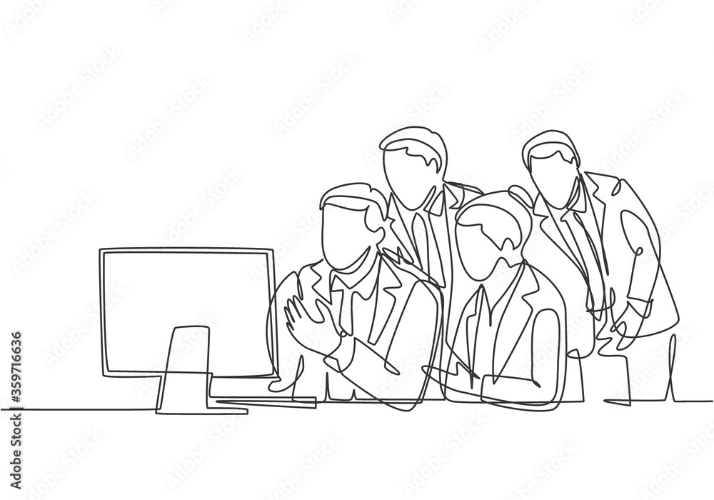 One single line drawing of young business man and business woman enrolled online conference via monitor screen. Modern teleconference concept continuous line draw design graphic vector illustration One single line drawing of young business man and business woman enrolled online conference via monitor screen. Modern teleconference concept continuous line draw design graphic vector illustration