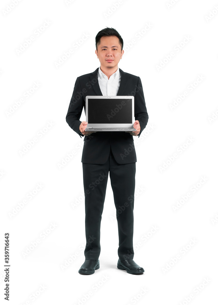 Businessman holding laptop with a blank screen, isolated white background. Businessman holding laptop with a blank screen, isolated white background.
