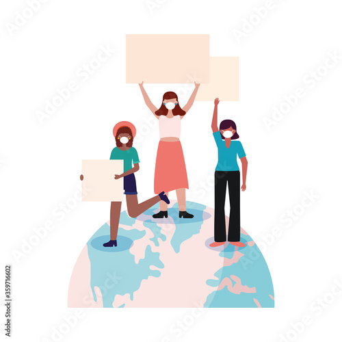 Women with masks and banners boards on world vector design