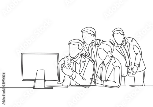 One single line drawing of young business man and business woman enrolled online conference via monitor screen. Modern teleconference concept continuous line draw design graphic vector illustration
