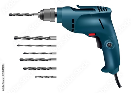 3d realistic vector drill machine with collection of different size drill tools.