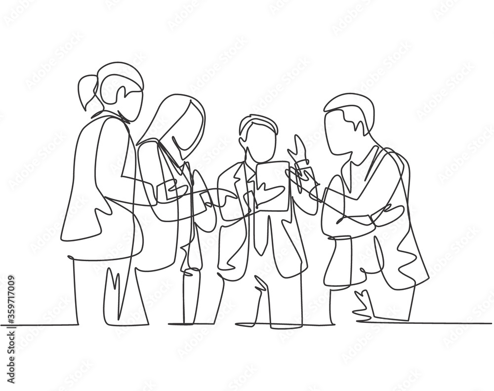 One single line drawing of young business man and business woman standing and discussing project company together at office. Informal meeting concept continuous line draw design vector illustration One single line drawing of young business man and business woman standing and discussing project company together at office. Informal meeting concept continuous line draw design vector illustration