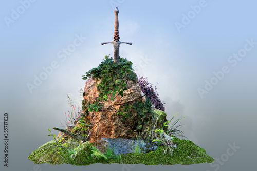 Excalibur sword in the old textured stone, isolated, 3D illustration of famous Britain legend. Mythical legendary sword of Camelot King Arthur fantasy scene, mythology adventures image design concept photo