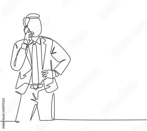 One continuous line drawing of young male business owner get a phone call from his supplier to tell supply delivery schedule. Business call concept. Single line draw design vector illustration