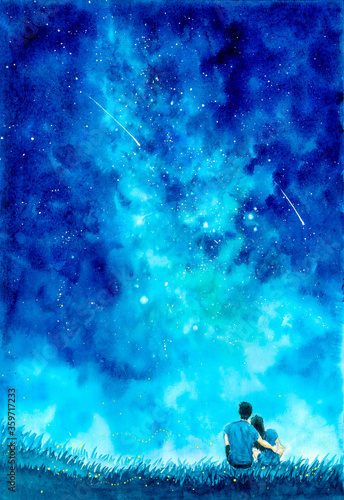 Watercolor Painting - Couple under Starry Night with Milky Way