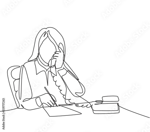 One continuous line drawing of young assistant manager receiving a phone and writing down her boss needs on a piece of paper. Manager direction concept single line draw design vector illustration